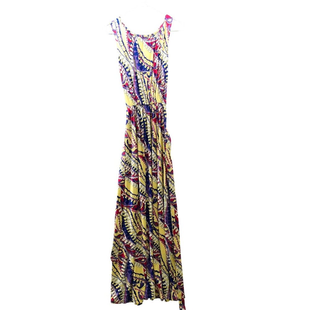 Nikki Poulos Maxi Dress‎ Size M Yellow Purple Printed Tie Waist Sleeveless Tank